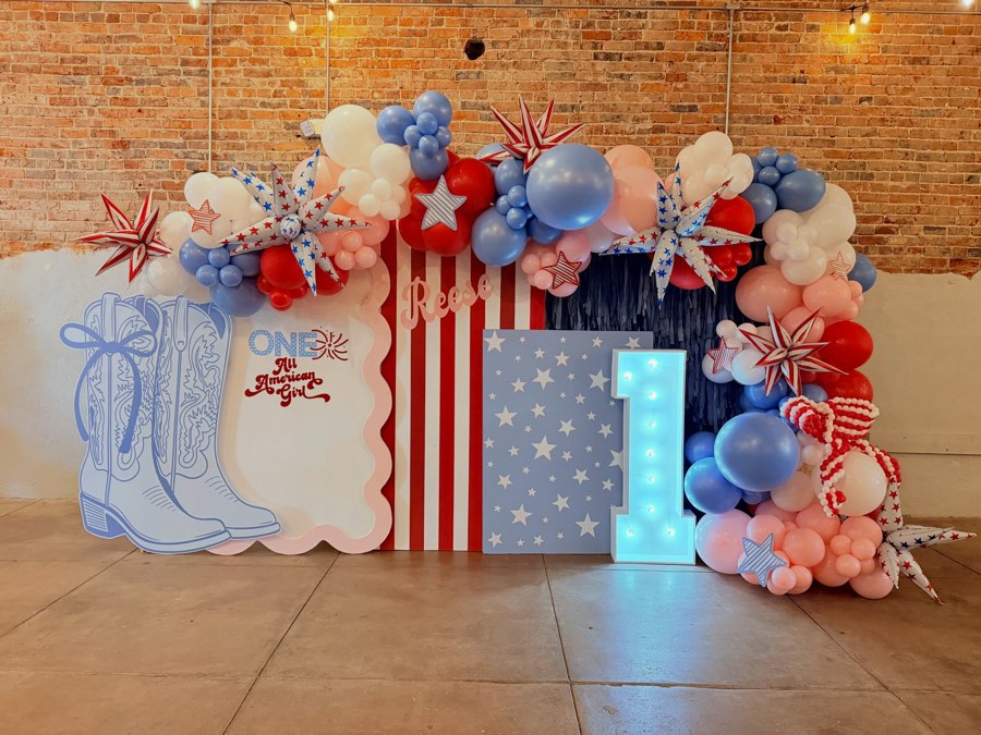 Reese backdrop — organic balloons, custom panel, marquee 1